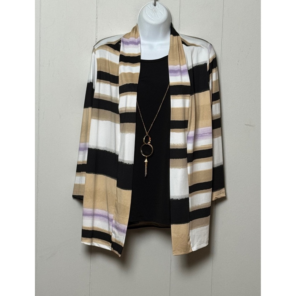 NWT Emily Rose Neutral Ombre Stripe 2-Fer Cardigan Tank & Necklace Set Sz Large